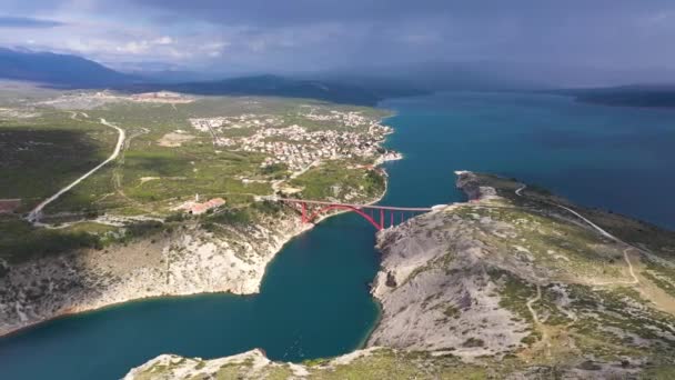 Steel Red Bridge Maslenica Dalmatia Southern Croatia Aerial Drone Shot — Stock Video