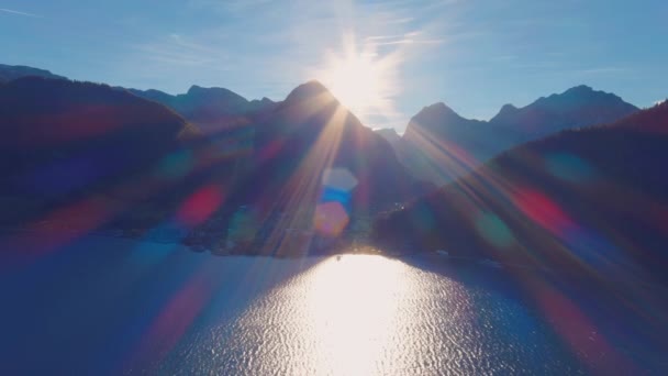 Гладкий Центральный Вид Австрию Вид Озеро Монтенз Закате Полет Беспилотного — стоковое видео