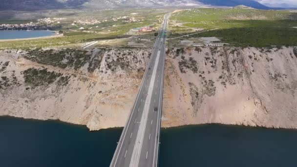 Puente Maslenica Paisaje Dálmata Escénico Croacia Tiro Avión Tripulado Aéreo — Vídeo de stock