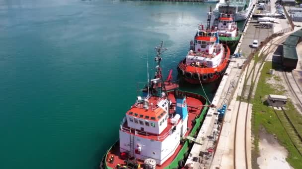 Schlange Von Schleppern Die Hafen Von Ploce Kroatien Festmachen Antenne — Stockvideo