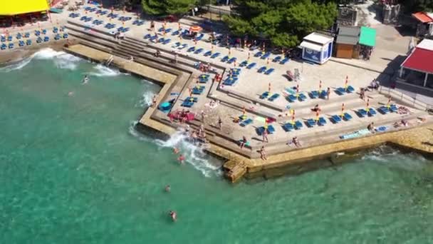 Luftaufnahme Von Menschen Schwimmt Der Adria Mit Liegestühlen Strand Von — Stockvideo