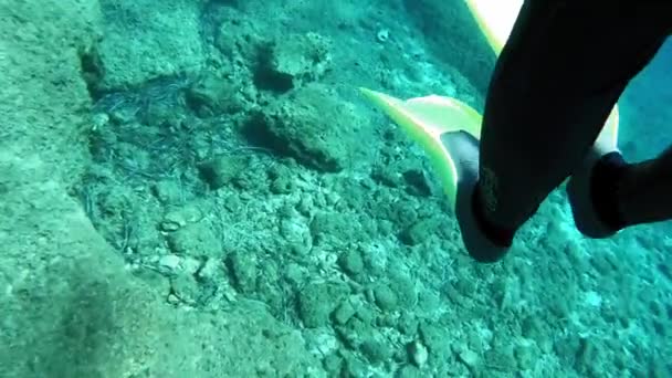 Snorkeler Feet Noszenie Snorkeling Fins Sea Bąbelkami Nurkowanie Wyspie Kefalonia — Wideo stockowe