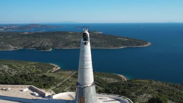 Statue Our Lady Loreto Scenic Views Dalmatian Coast Croatia Aerial — Stock Video