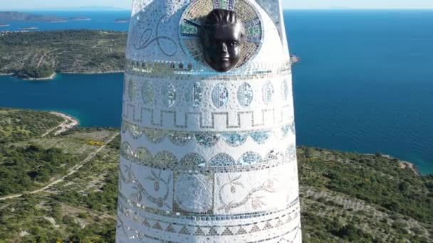 Exterior Details Giant Statue Loreto Primosten Croatia Drone Ascending Close — стоковое видео