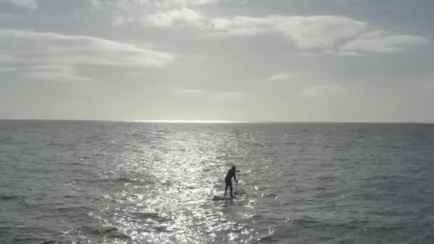 Lone Stand Paddleboarder Silhuett Solstråle Hackig Ocean — Stockvideo