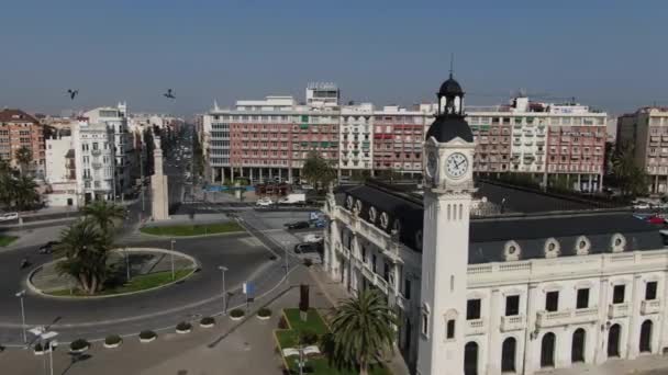 Campanario Torre Reloj Reloj Urbano Ciudad Soleada Ciudad Playa Palmeras — Vídeo de stock