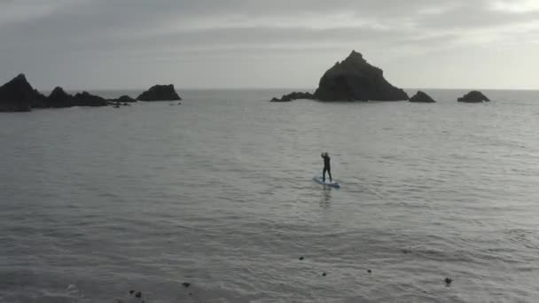 Monochromatic Grey Ocean Scene Sup Paddleboarder Rugged Rocks — Stock Video