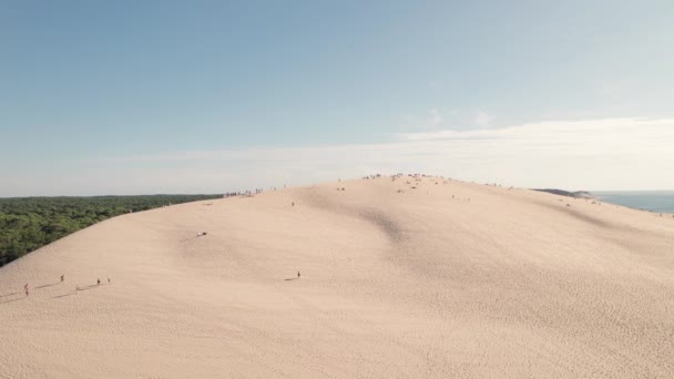 游客们在森林边的巨大的白色沙丘上漫步 法国皮拉特沙丘 紧邻大西洋的整个欧洲最大的沙丘 — 图库视频影像