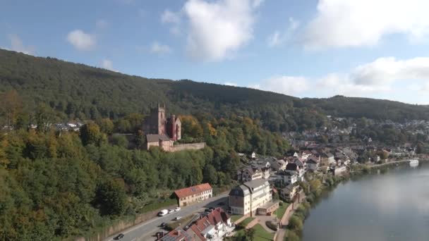 Drone Castello Fiume Neckar Nella Città Neckarsteinach Germania — Video Stock