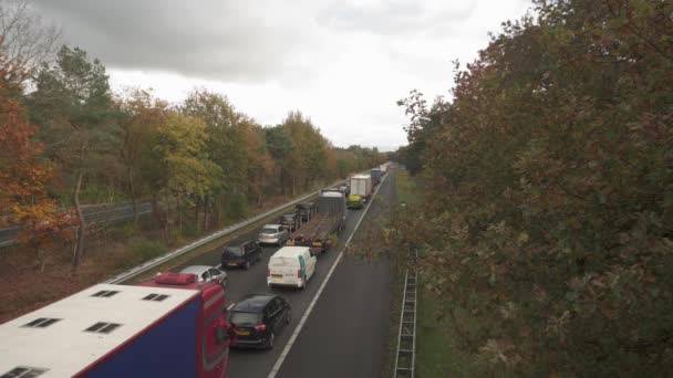 Heavy Traffic A28 Motorway Amidst Trees Autumn Season Veluwe Gelderland — Stock Video