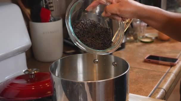 Schwarzer Wildreis Einem Topf Mit Kochendem Wasser Für Eine Gesunde — Stockvideo