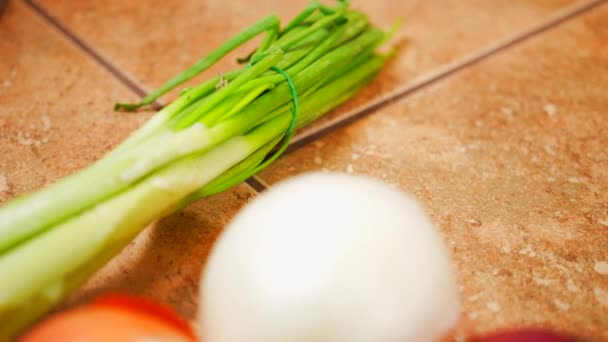 Vários Tipos Cebolas Culinárias Uma Bancada Cozinha Retiram Visão Macro — Vídeo de Stock