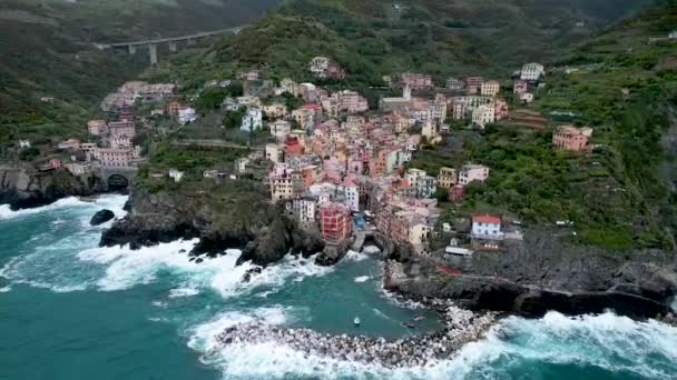 Cinque Terre Drone Riomaggiore Harbor Włochy — Wideo stockowe