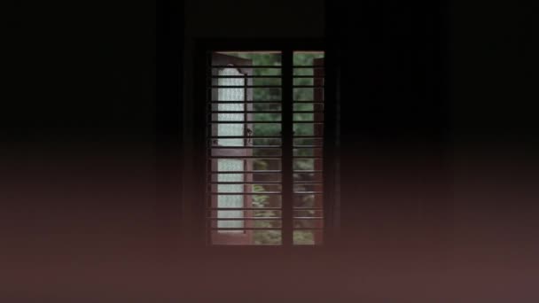 Intérieur Regardant Par Fenêtre Moitié Ouverte Rideau Balançant Zoom Avant — Video