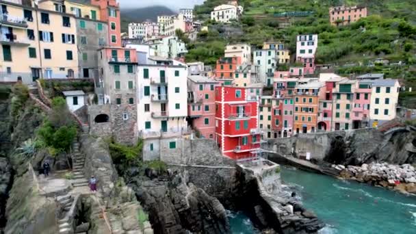 Riomaggiore Italia Coloridos Edificios Ciudad Portside Largo Costa Mediterránea Italiana — Vídeos de Stock