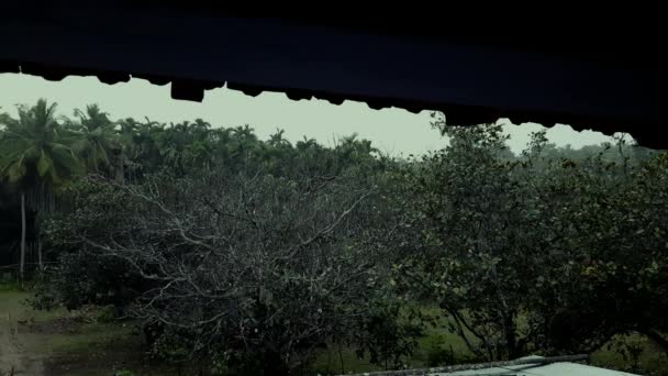 Olhando Para Paisagem Rural Dentro Casa Gotas Chuva Pingando Telhado — Vídeo de Stock