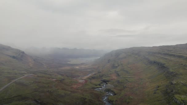 アイスランド谷の上を飛ぶ 厚い霧を通して山の草原 雪のフルーリー — ストック動画