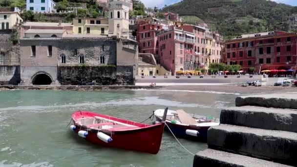 Fiskebåtar Vernazza Italien Hamn Cinque Terre — Stockvideo