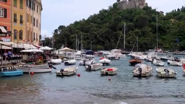 Portofino Italien Hafen Mit Fischerruderbooten Und Bunten Häusern Mit Burg — Stockvideo