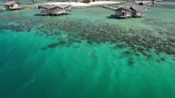 Drone Shot Flying Back Showing Young Woman Snorkling Beautiful Water — Stock Video