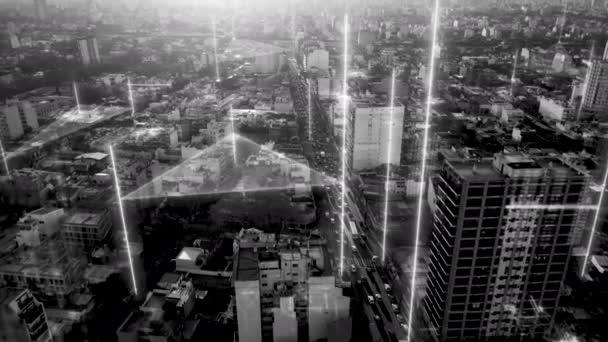 Černobílá barva Cityscape s připojením digitálních čar hologram v Buenos Aires - Letecké budovy a mrakodrap v centru města - Vývoj ze staré do moderní doby - 4K UHD