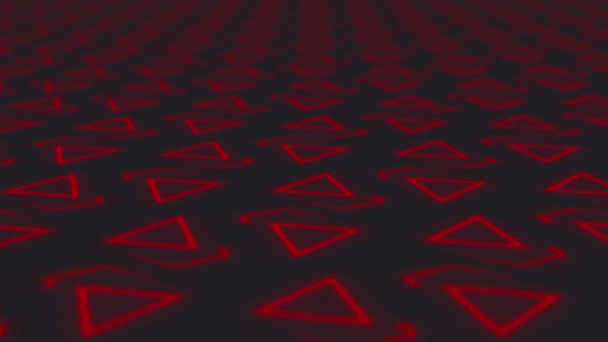 赤の配色で暗い灰色の背景にタイル状の回転三角形とジグザグ線と抽象的な幾何学的背景をアニメーション フィールドの浅い深さに — ストック動画