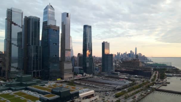 Vista Aérea Del Horizonte Costero Ciudad Nueva York Edificios Hudson — Vídeo de stock