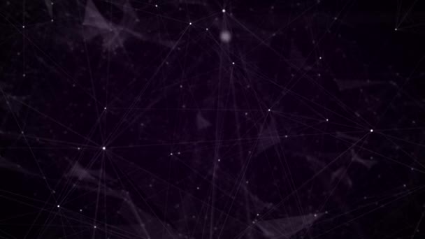 アニメーション化された抽象的なプレキシスの背景とウェブのような複雑さと明るい相互接続点 深い紫と黒の背景 — ストック動画