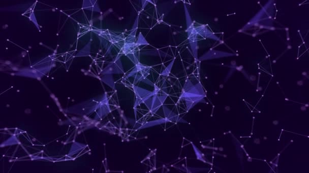 Animated abstract simple plexus background with molecule-like geometric shapes with bright interconnected points, on a dark purple to black gradient background