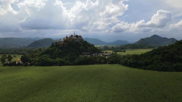 Reverse Aerial Side More Right Temple Revealing Textured Cornfield Gorgeous — Stock Video
