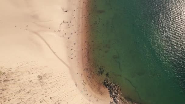 Aerial Κορυφή Προς Κάτω Άνθρωποι Χαλαρώνουν Και Περπατώντας Στο Dune — Αρχείο Βίντεο