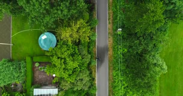 緑豊かな木々と草に囲まれた池の隣の公園で狭い散歩道を歩いている2人オランダのReeuwijkse Plassen 空中ドローン撮影 — ストック動画
