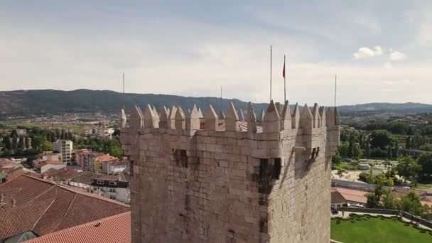 Levegő Parallax Középkori Tower Chaves Castle Városkép Mint Háttér — Stock videók