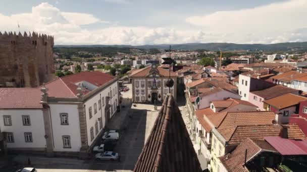 Luchtfoto Chaves Oude Stad Stadhuis Kerk Kasteeltoren Portugal — Stockvideo