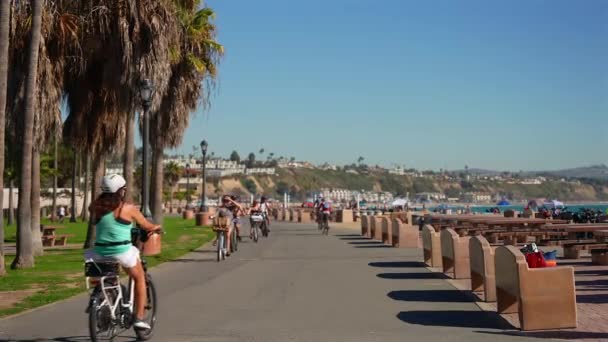 在加利福尼亚州达纳角的Doheny海滩 人们骑自行车在铺好的自行车道上 — 图库视频影像