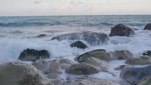 Slow Motion Cinematic Shot Big Waves Hitting Rocks Beach Church — Stock Video