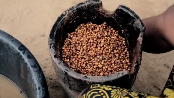一种非洲的马达和沙石 用来敲打和磨碎老虎坚果制成面粉 与面粉隔离 — 图库视频影像
