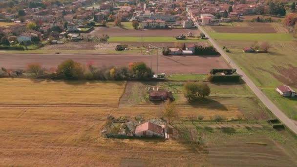 Peasant Fields Inhabited Center Residential Houses Background North Italy Aerial — Stock Video