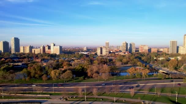 Coches Conduciendo Través Eco Friendly Green City Drone Filmación — Vídeo de stock