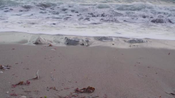 Scatto Cinematografico Rallentatore Onde Che Colpiscono Rocce Una Spiaggia Sabbiosa — Video Stock