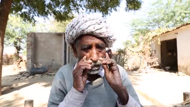 Ritratto Palmare Vecchio Indiano Anziano Del Villaggio Rurale Del Rajasthan — Video Stock