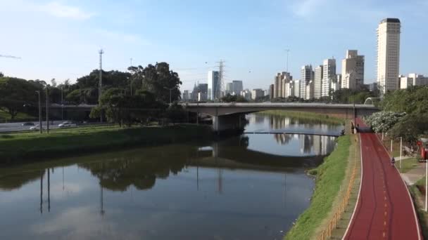 Znečištěná Řeka Pinheiros Sao Paulu Brazílii Jízdní Pruh Automobilový Provoz — Stock video