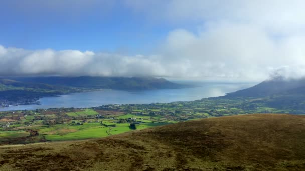 Carlingford Lough Louth Ireland October 2021 Drone Pushes West Tain — Stock Video