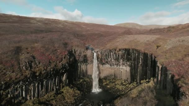 Saída Aérea Rápida Longe Cachoeira Svartifoss Islândia Pessoas Muito Abaixo — Vídeo de Stock