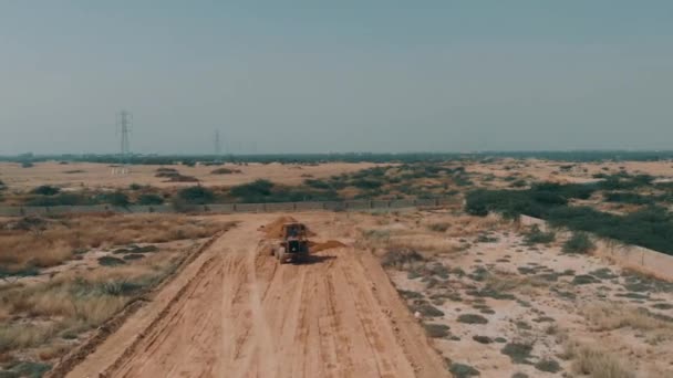 Aerial View Earth Mover Moving Material Construction Site Circle Strafe — Stock Video