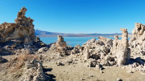 Calm Reflecting Mono Lake Sunny Tufa State Natural Reserve Rock — Stock Video