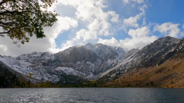 Snowy Sherwin Mountain Range Convict Lake Shoreline Stormy Clouds Rolling — Stock Video