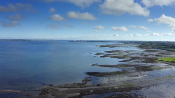 Carlingford Lough Louth Ireland October 2021 ドローンは遠くのアイルランド海と緑の海に向かって東にプッシュします — ストック動画