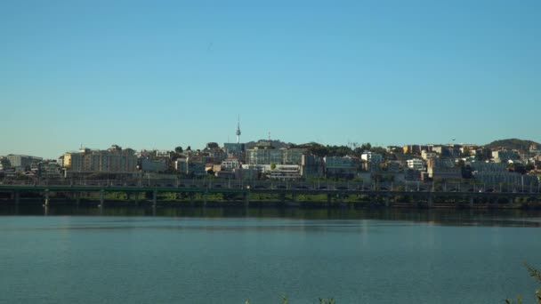 Río Hangang Horizonte Ciudad Seúl Con Histórica Torre Namsan Corea — Vídeo de stock