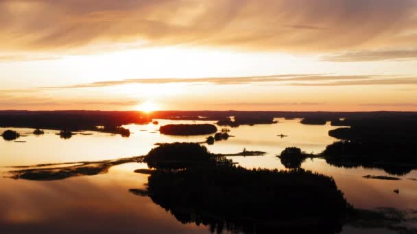 Drone Shot Stunning Golden Hour Sunset Lake Scenery Many Islands — Video